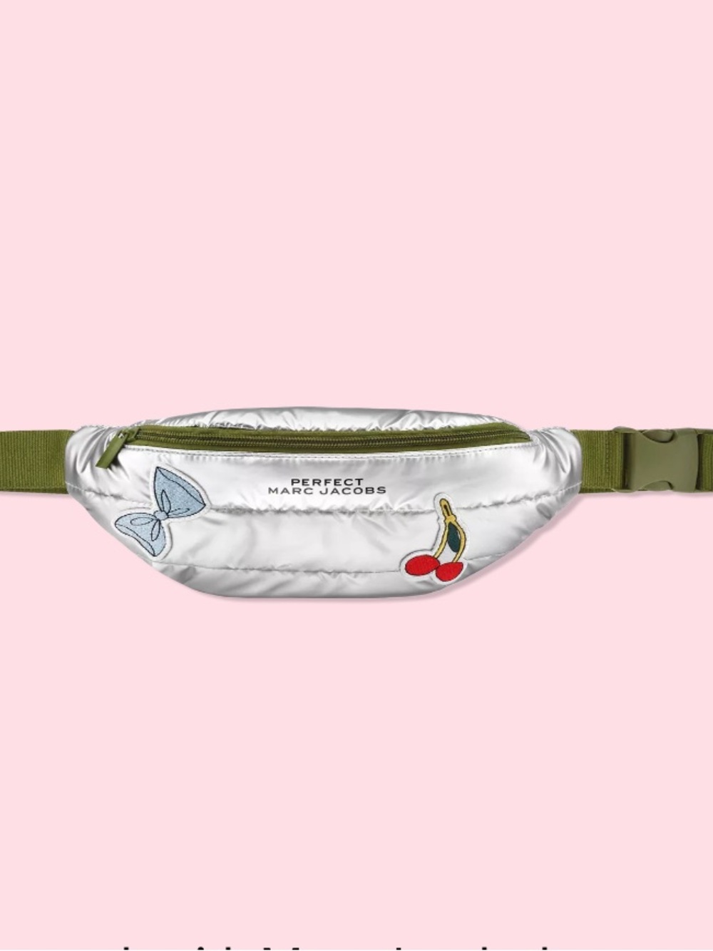 Marc Jacobs Silver Quilted Pouch with Olive Strap and Patch Art